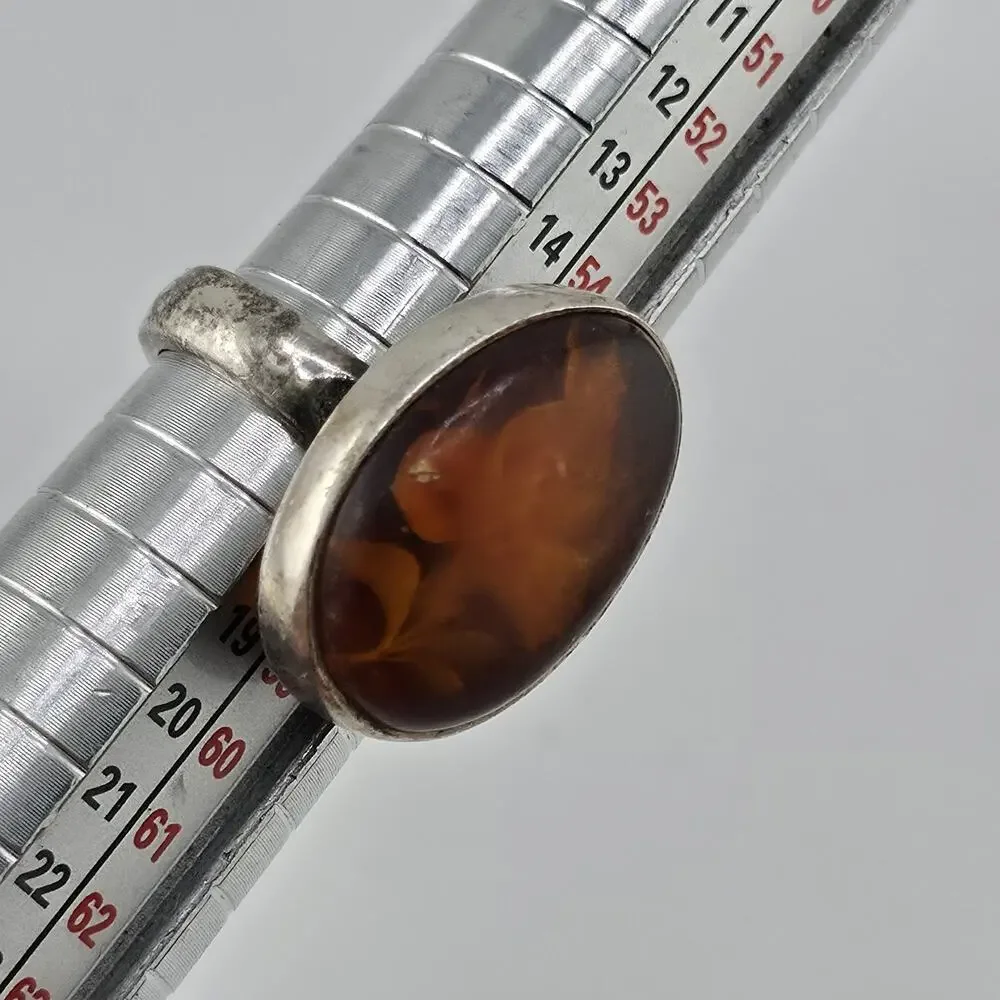 Polish Baltic Amber Reverse Carved Sterling Silver Ring 925 Size 8 Vintage